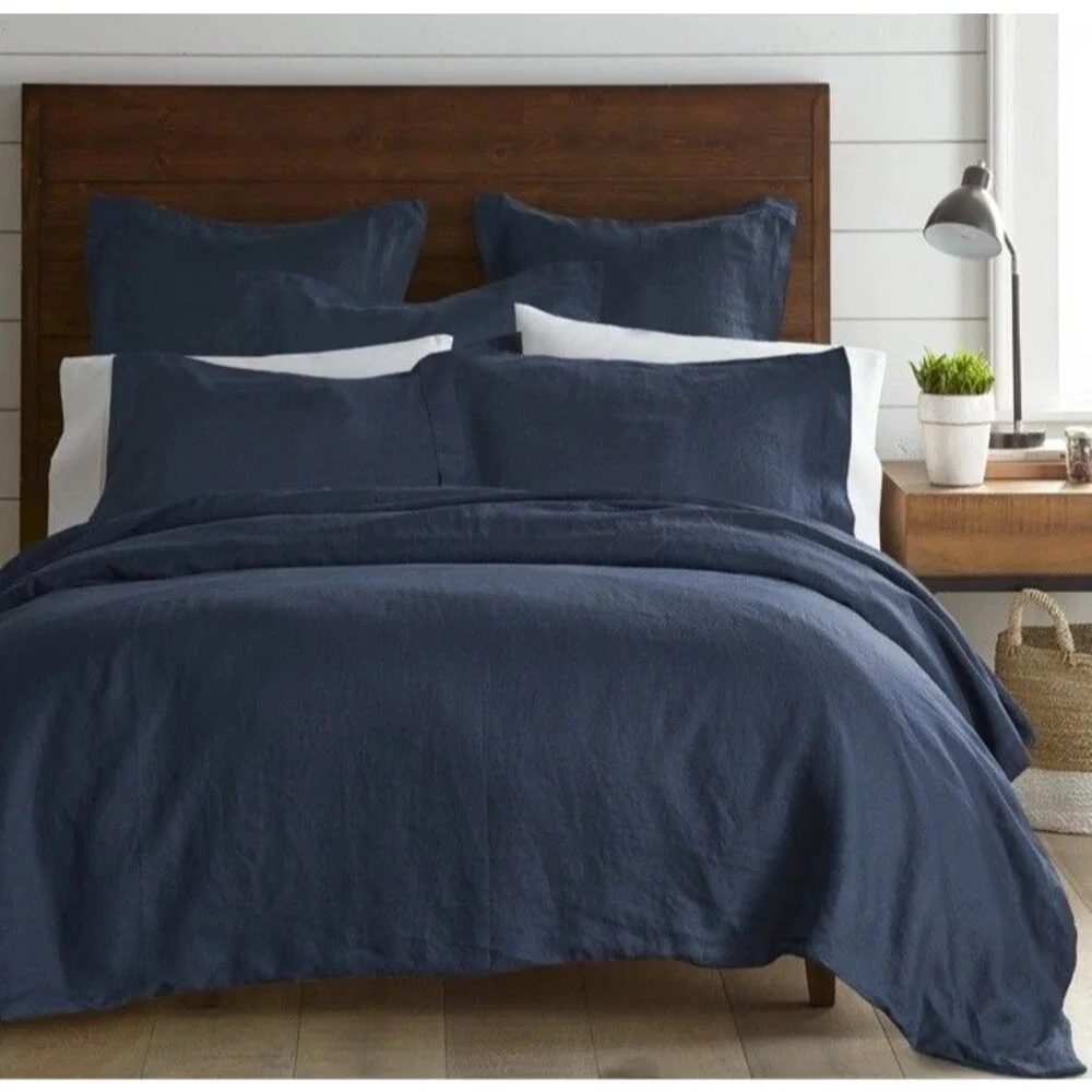 Levtex Home 100% Washed Linen KING Duvet Cover Navy Blue